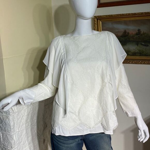 Massimo Dutti White Lace Overlay & Chiffon Boho Blouse - Picture 5 of 13
